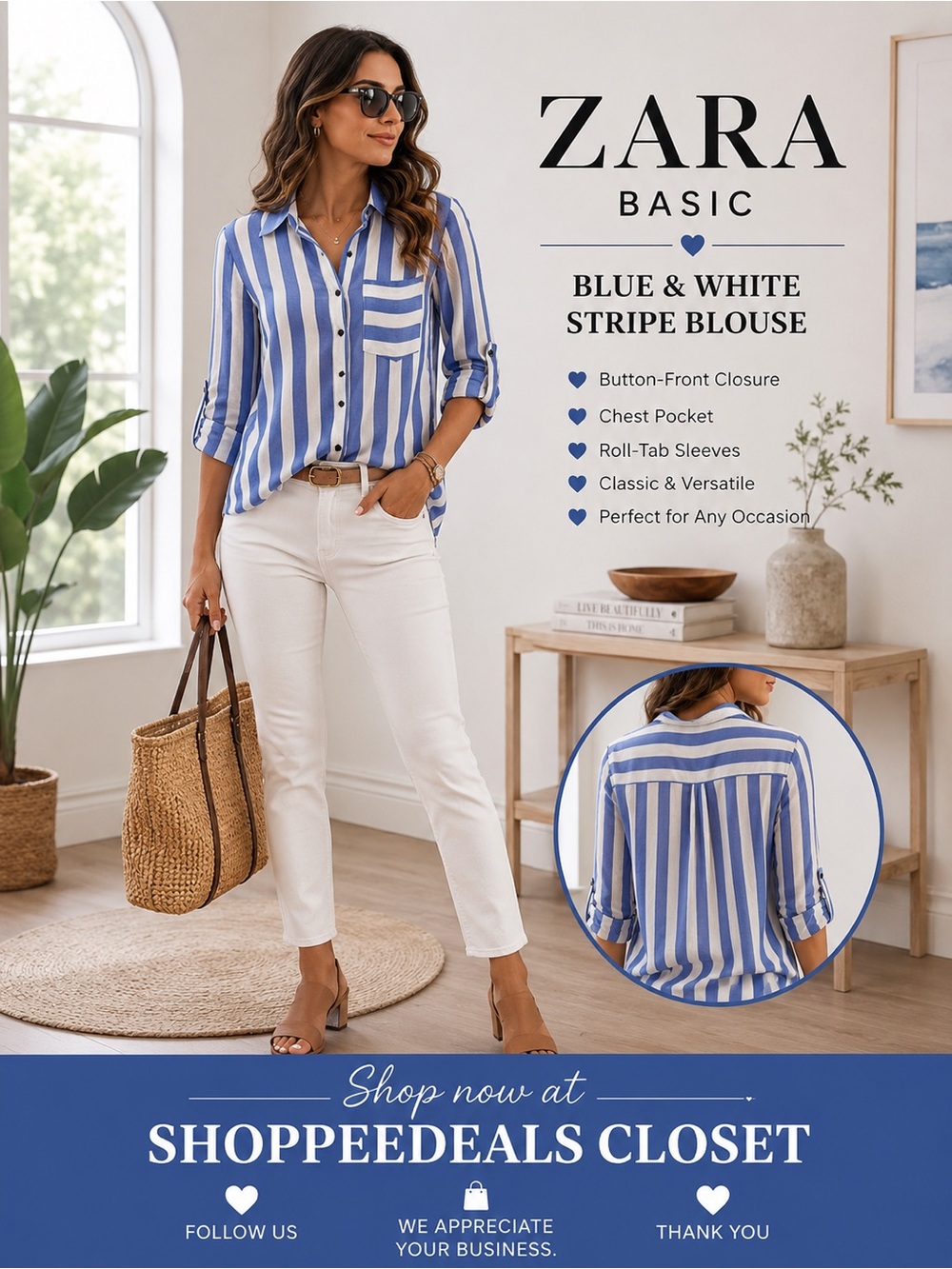 Zara Basic Blue & White Vertical Stripe Button-Front Blouse – Women’s Medium